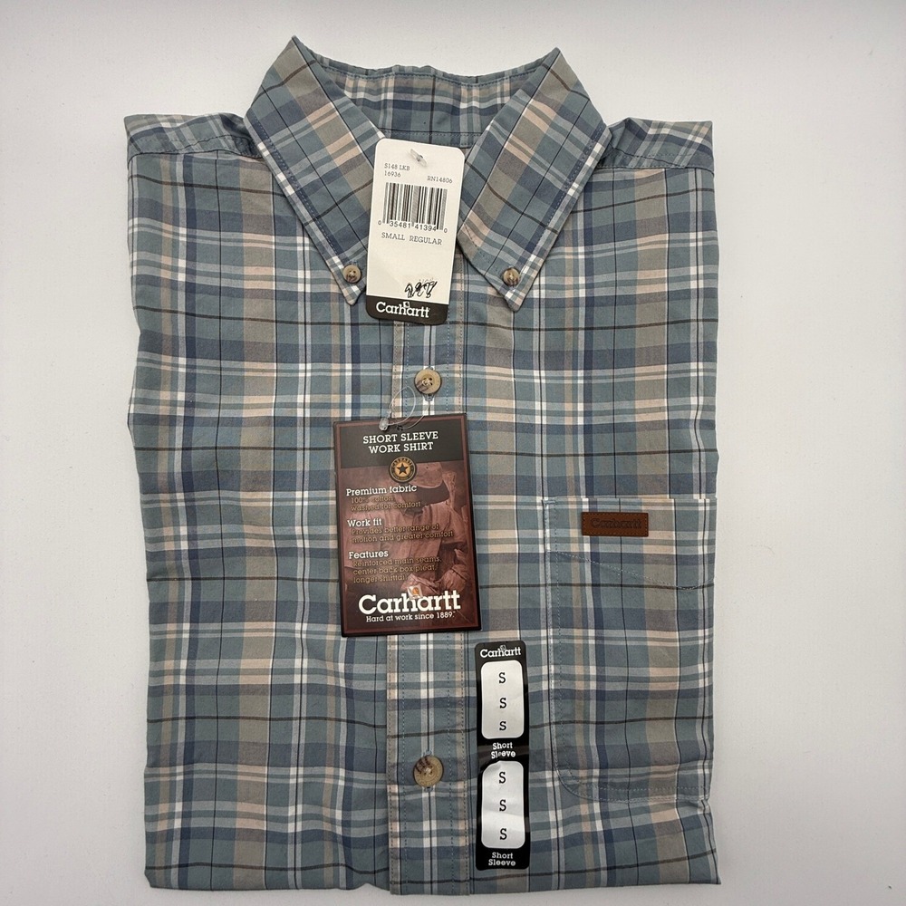 Carhartt Short Sleeve Plaid Shirt Mens Small S148 LKB Lake Blue NWT